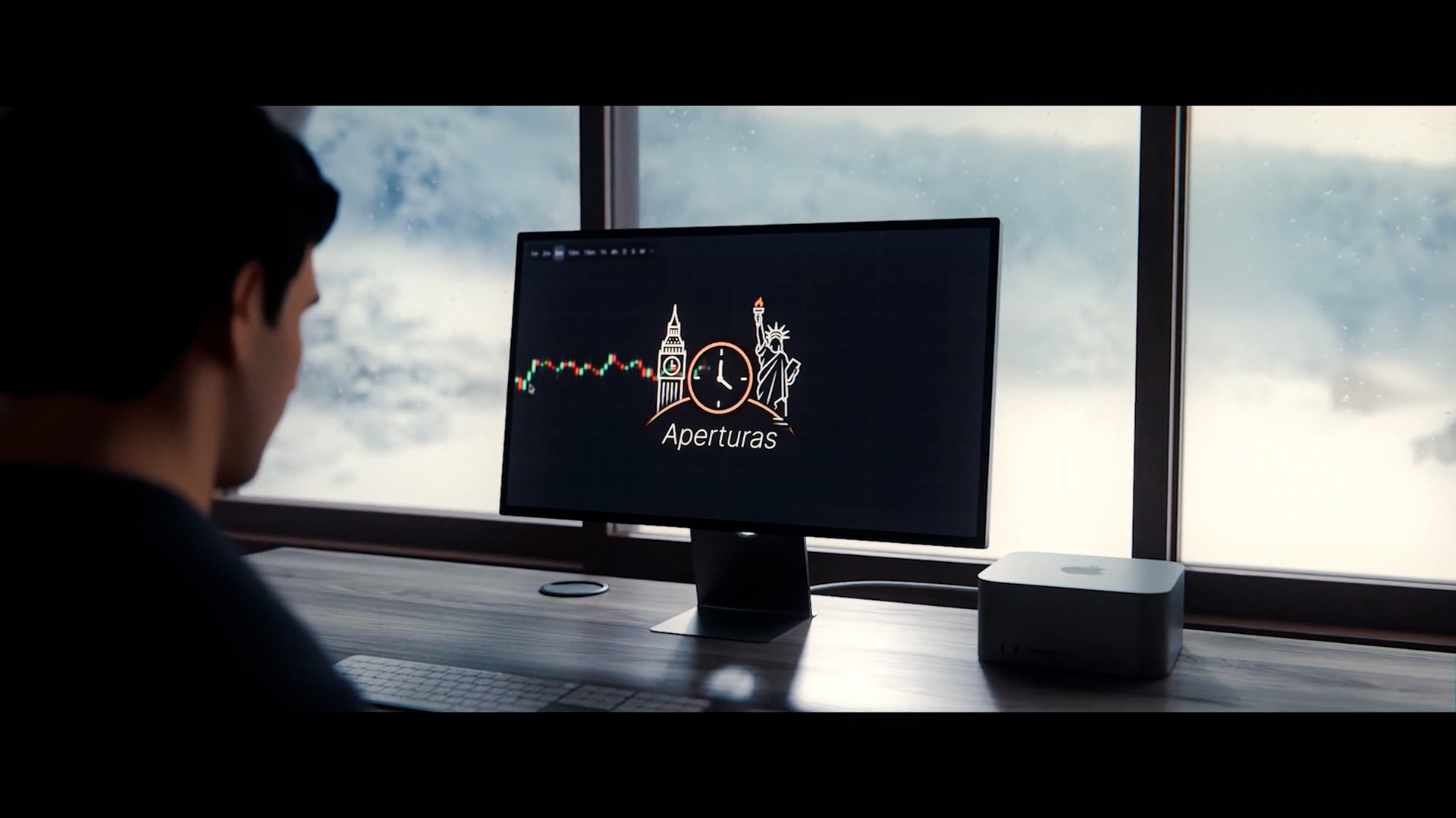 A cinematic workstation showing global market opening times